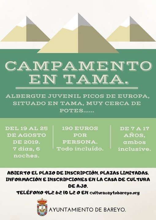 Cartel del campamento juvenil en Tama que organiza el Ayuntamiento de Bareyo